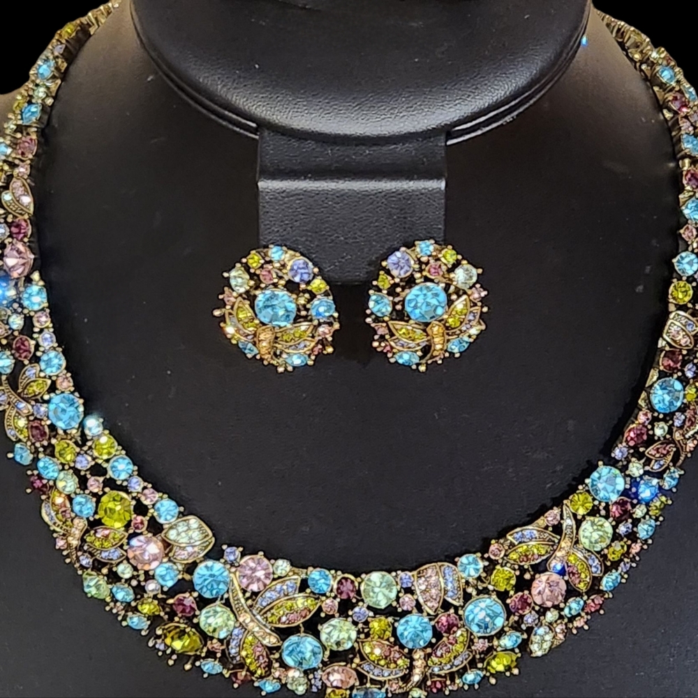 Heidi Daus Flight In Fantasy Necklave & Earrings Set Pierced.Multicolor Crystals